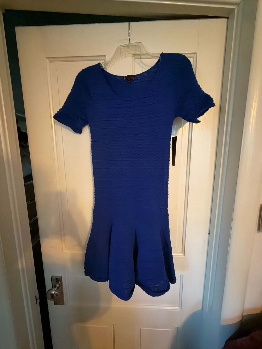 t/o Sweaters Royal Blue Textured Knit Flare Short Sleeve Dress Medium